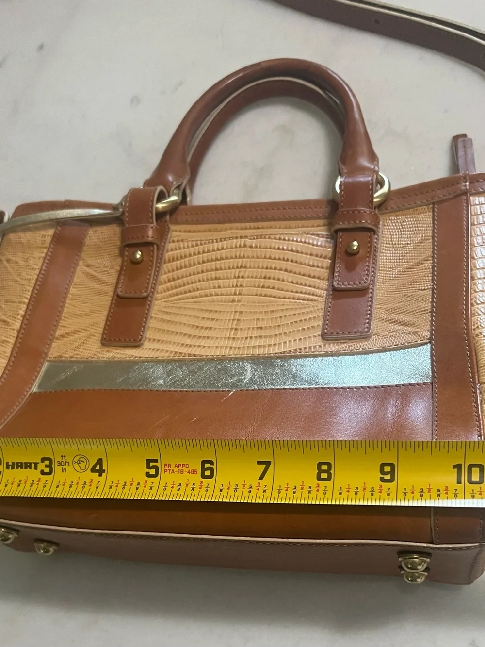 Brahmin Medium Arno Zip Top Tote Bag  Tan Beaumont With Metallic Gold Accents